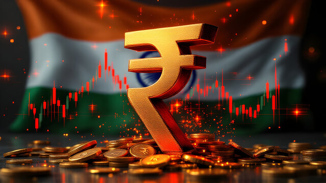 Indian rupee symbol with down arrow shows indian stock market crash. financial investment concept. 3d illustration, inflation rising, tax, tariff.