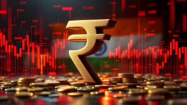 Indian rupee symbol with down arrow shows indian stock market crash. financial investment concept. 3d illustration, inflation rising, tax, tariff.