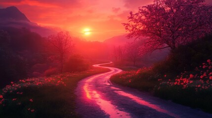 Naklejka premium Serene winding road through vibrant cherry blossoms at sunset with mountains in the background