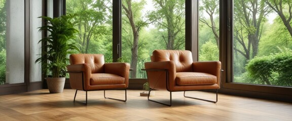 Modern armchair in light brown leather color placed on a wooden floor in front of a bright and greenery window, light brown leather, natural wood tone, comfortable seating