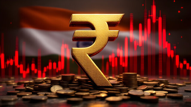 Indian rupee symbol with down arrow shows indian stock market crash. financial investment concept. 3d illustration, inflation rising, tax, tariff.