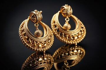 Obraz premium Vintage Geometric Golden Earrings on Black Background - High-Resolution Stock Photo