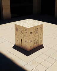 Intricate Stone Cube with Geometric Symbols and Shadows