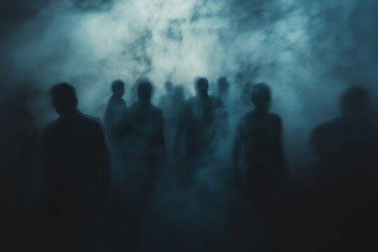 Blurred motion blurred silhouettes of unidentified shadowy figures walking from the mist. The image conveys a sense of anonymity and mystery.