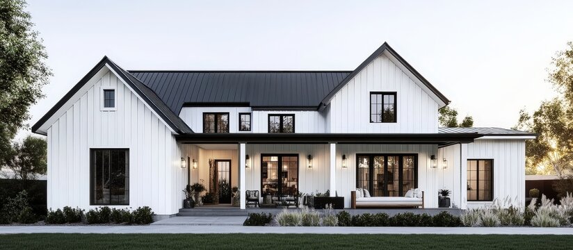 This modern farmhouse features unique architectural elements and stylish finishes. 