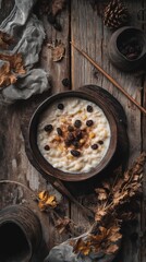 Cozy bowl of rice pudding with raisins, sultanas, and a sprinkle of cinnamon, enjoyed by a window with a scenic mountain view and candlelight