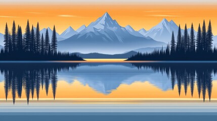 Obraz premium Peaceful landscape illustration displaying a serene lake mirroring mountains and trees with a warm color scheme offering calming visuals