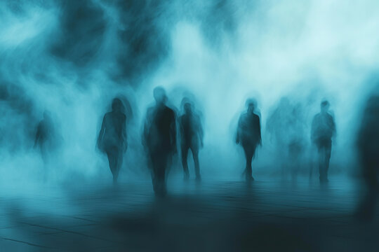 Blurred motion blurred silhouettes of unidentified shadowy figures walking from the mist. The image conveys a sense of anonymity and mystery. - Powered by Adobe
