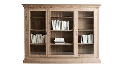 A wooden bookcase with three shelves and glass doors