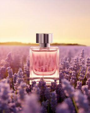 Elegant Perfume Glass Bottle In French Lavender Flower Fields During Sunrise. Floral Fragrance. Soft Bokeh Background. Product Mockup.
