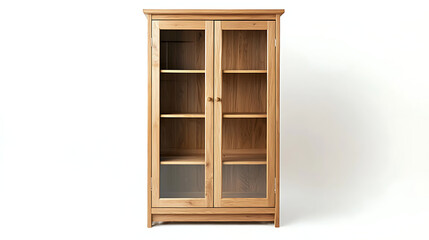 A wooden cabinet with glass doors and shelves