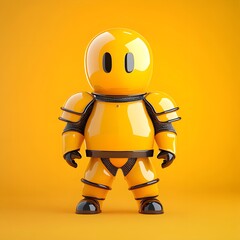 Cheerful Yellow Robot in Armor Against Orange Background