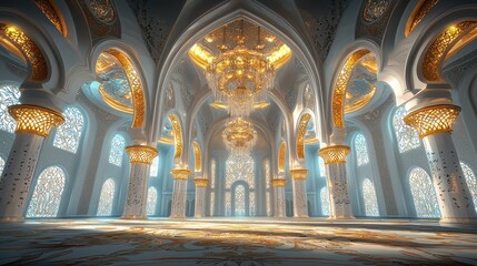 Obraz premium Grand Mosque Interior, Architectural Design, Majestic Hall, Illuminated Architecture