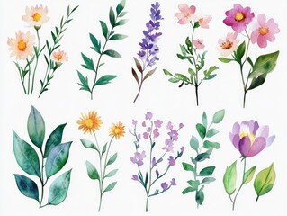 A watercolor painting of various blooming flowers and plants with detailed stems and leaves.