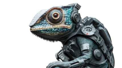 Chameleon astronaut wearing spacesuit and exploring space on transparent background