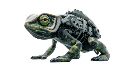 Chameleon robot lizard crawling with advanced technology on transparent background