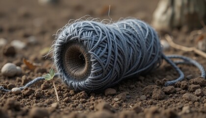 Grey Twine Ball on Dark Soil Background a Close Up Shot of Natural Fiber Cordage