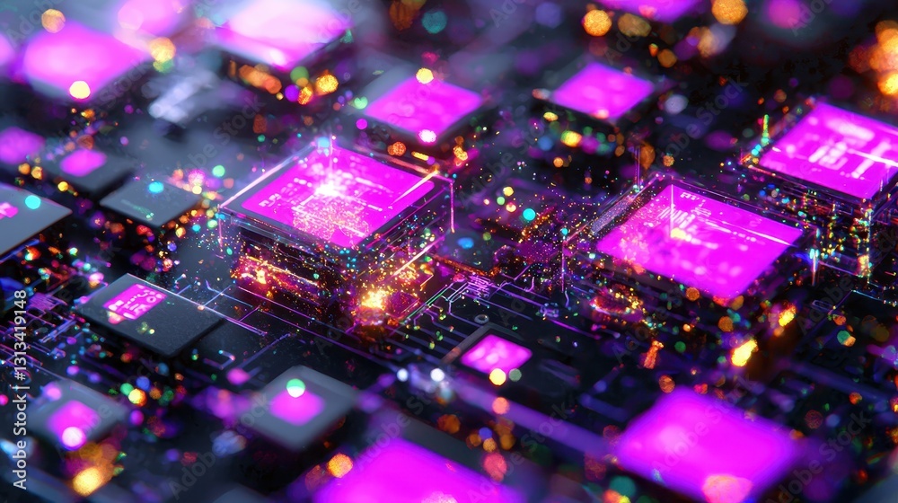 Poster abstract circuit board with colorful lights and patterns