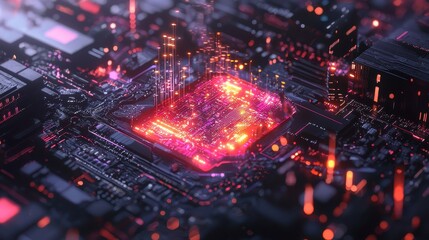 Fototapeta premium Futuristic Circuit Board with Glowing Patterns and Neon Lights