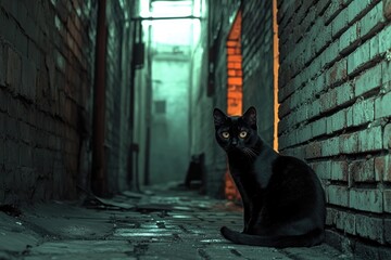 A solitary black cat sitting in a dimly lit alleyway, evoking a sense of mystery and urban isolation.