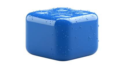 Closeup of a blue cube with glistening water droplets, study in texture, reflection, and abstract art