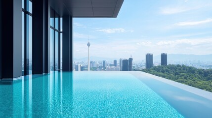 Naklejka premium A rooftop pool with a dedicated bar area, perfect for enjoying cocktails while taking in panoramic city views.