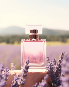 Elegant Perfume Glass Bottle On Surface In French Lavender Flower Fields During Daytime. Floral Fragrance. Soft Bokeh Background. Product Mockup.