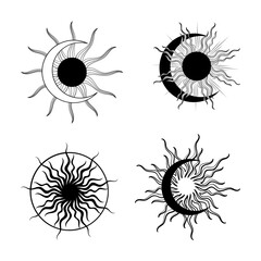 Intricate designs of sun and moon symbols in black and white artistic representation