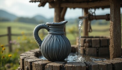 Fototapeta premium Rustic Gray Water Jug at Old Well Countryside Scene Tranquil Water Flows
