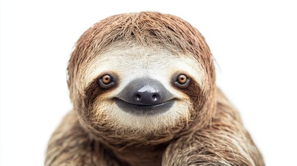A brown and white sloth is smiling and looking at the camera. The image has a happy and playful mood