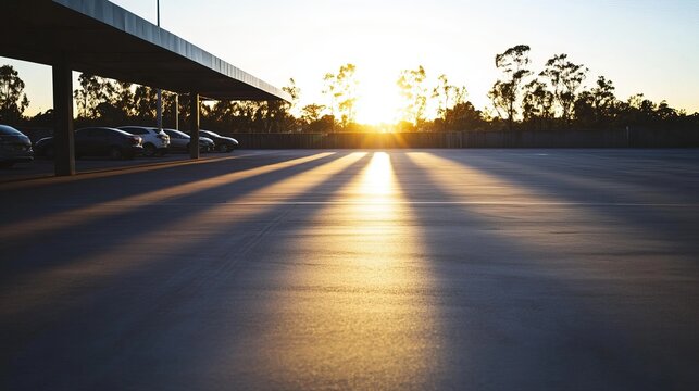 Sunset over an empty car dealership, long shadows cast across the polished concrete, scattered cars in the distance