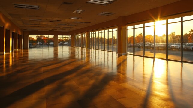 Sunset over an empty car dealership, long shadows cast across the polished concrete, scattered cars in the distance