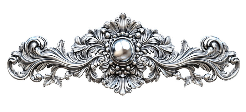 Ornate silver decorative pattern with intricate floral and leaf motifs, featuring central pearl like element, ideal for embellishment and design