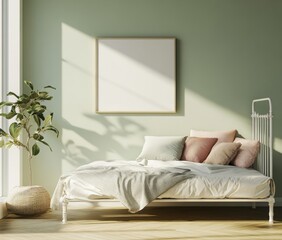 Sunny bedroom interior with blank poster