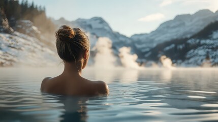 Fototapeta premium Woman Relaxing in a Hot Spring in a Snowy Mountain Landscape