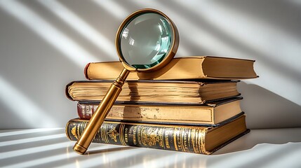 Stacked Vintage Books With Magnifying Glass Under Sunlight