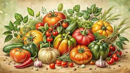 Vintage Vegetable Patch Illustration: Hand-Drawn Botanical Drawings of Heirloom Tomatoes, Peppers & Beans