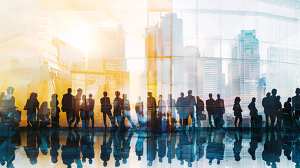 Obraz premium Double exposure image of a large group of businesspeople in a conference meeting, with a city office building in the background, representing partnership success and teamwork.