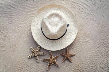 a white straw hat placed on a textured, light-colored background