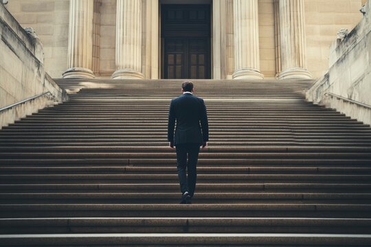 Elegant Stone Staircase Leading to Majestic Building with Man in Business Attire