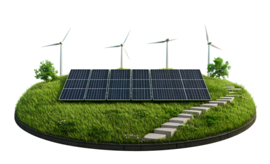 Solar panels and wind turbines on grass, isolated with a transparent background