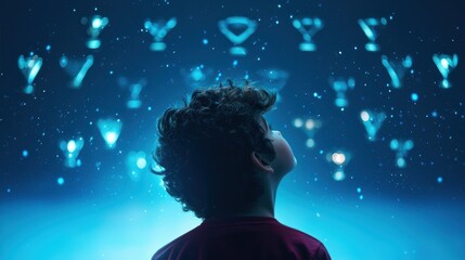 A child gazing up in awe at a shelf full of trophies, aspiring to follow in the footsteps of those who came before, dreaming of future victories, and the pursuit of excellence.