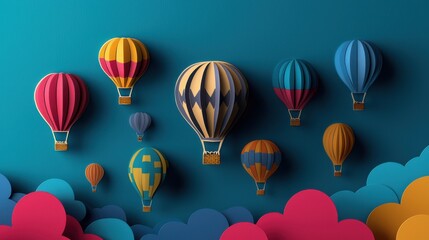 Colorful Hot Air Balloons Soaring Through Bright Blue Sky at Sunrise