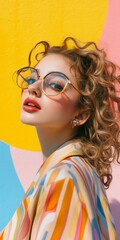 Obraz premium A woman with curly hair and glasses is standing in front of a colorful wall