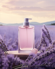 Elegant Skincare Glass Pump Bottle Mockup for Essential Oil, Serum and Lotion on Podium In French Lavender Flower Fields. Soft Bokeh Background. 