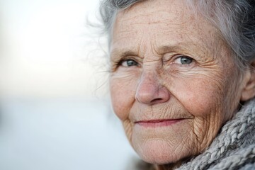 Close-Up Portrait of an Elderly Woman with Wise Expression Outdoors