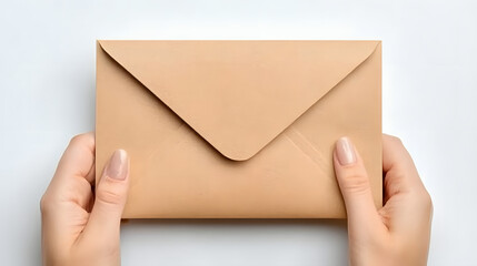 Fototapeta premium Hands Holding a Light Brown Envelope Against a White Background