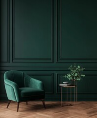 Emerald green room with velvet armchair