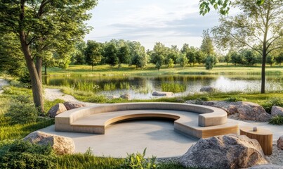 Naklejka premium Circular park bench by serene lake at sunrise, ideal for relaxation or contemplation