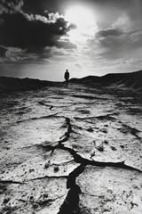 Solitary Figure Walking on Cracked Earth Under Dramatic Sky